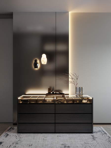 Панели Aluminium grey, Paint Light Grey. Подсветка боковая за счет наращивания стены гипсокартоном
